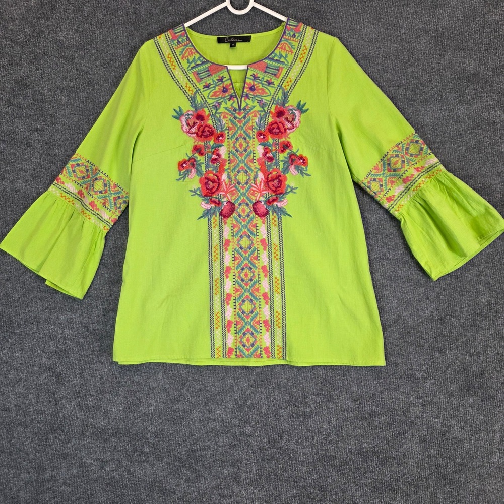Caleaaa Blouse Embroidered  Women S Lime‎ Green Floral Boho Bell Sleeve V-Neck